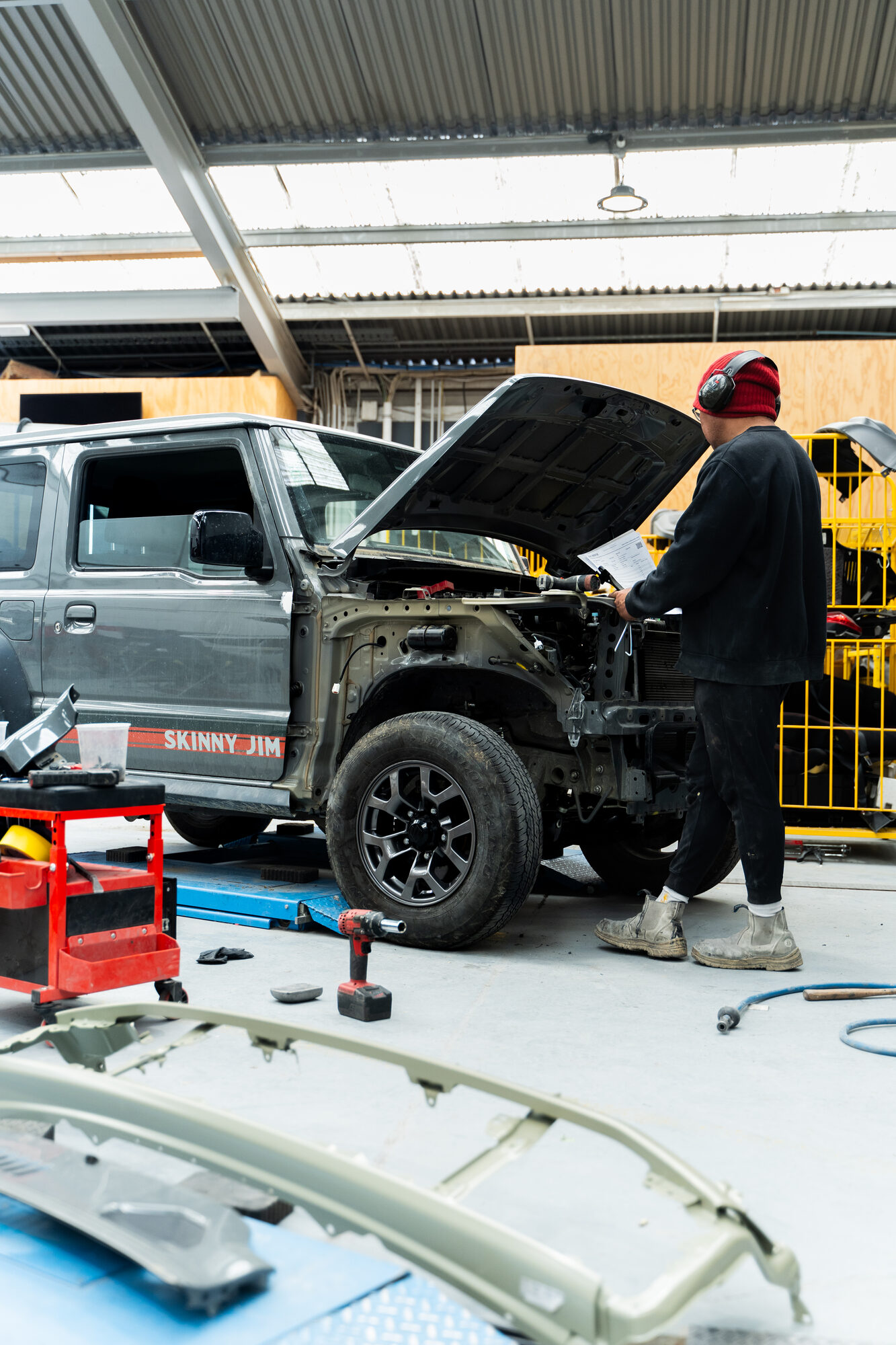 Panel repair in progress in the workshop