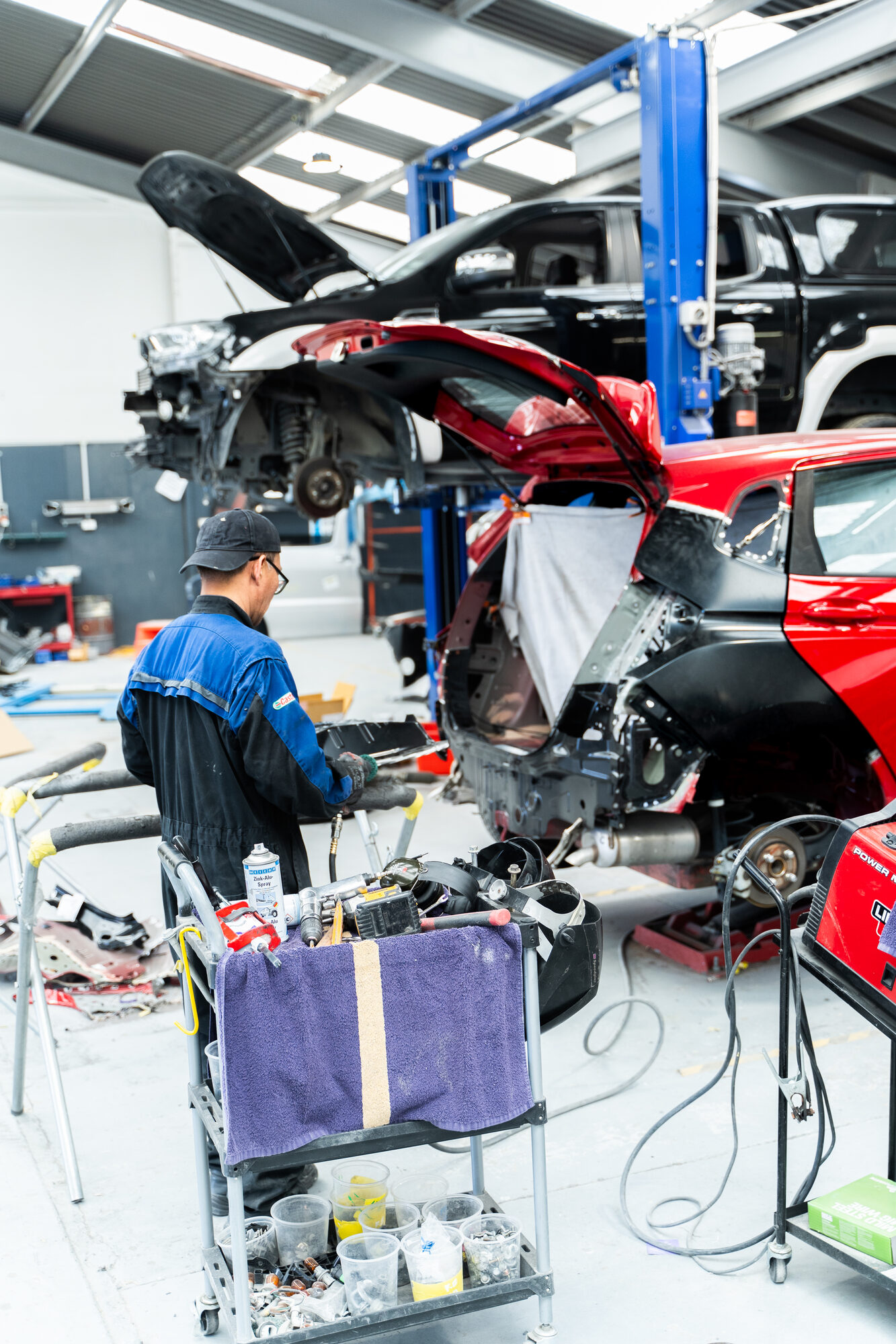 Collision-repaired vehicle in the workshop