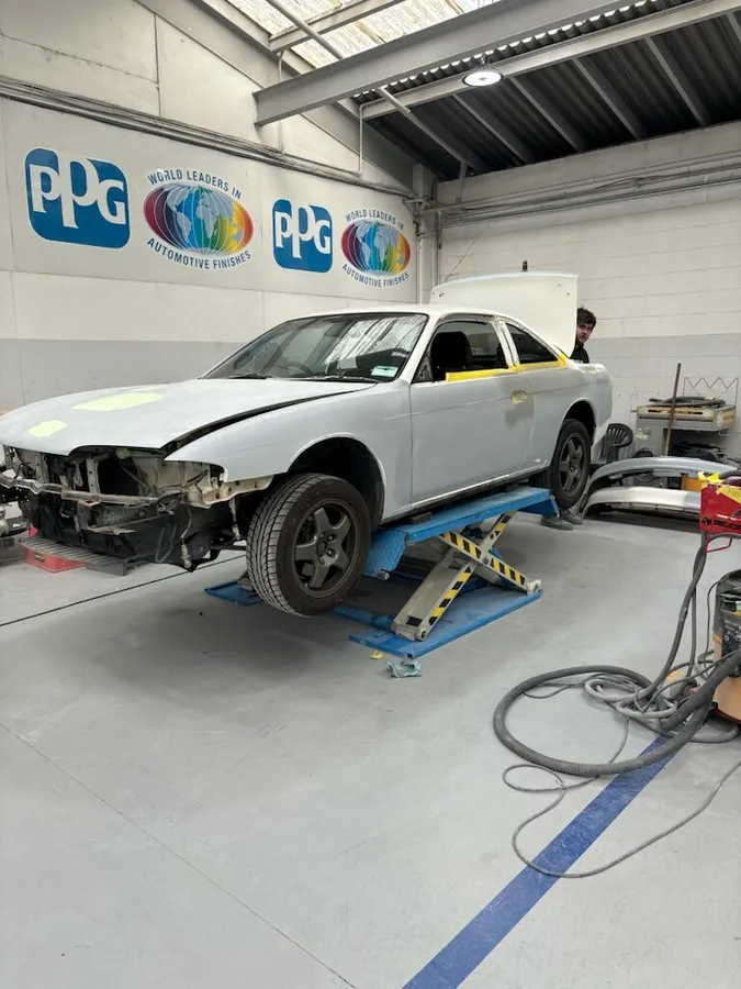 Silvia being prepped for refinishing in the booth
